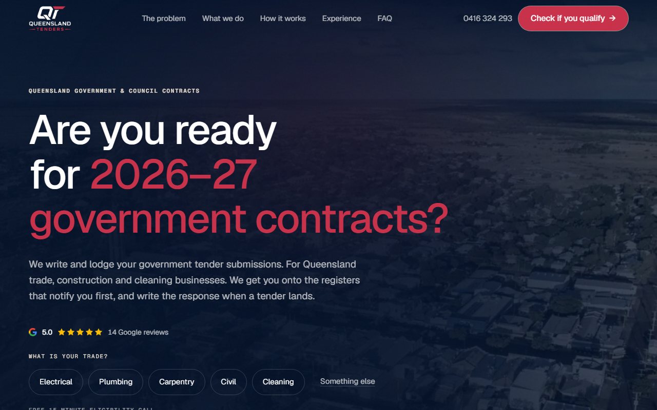 The Queensland Tenders home page after the rebuild, headline over an aerial photograph of a Queensland town.